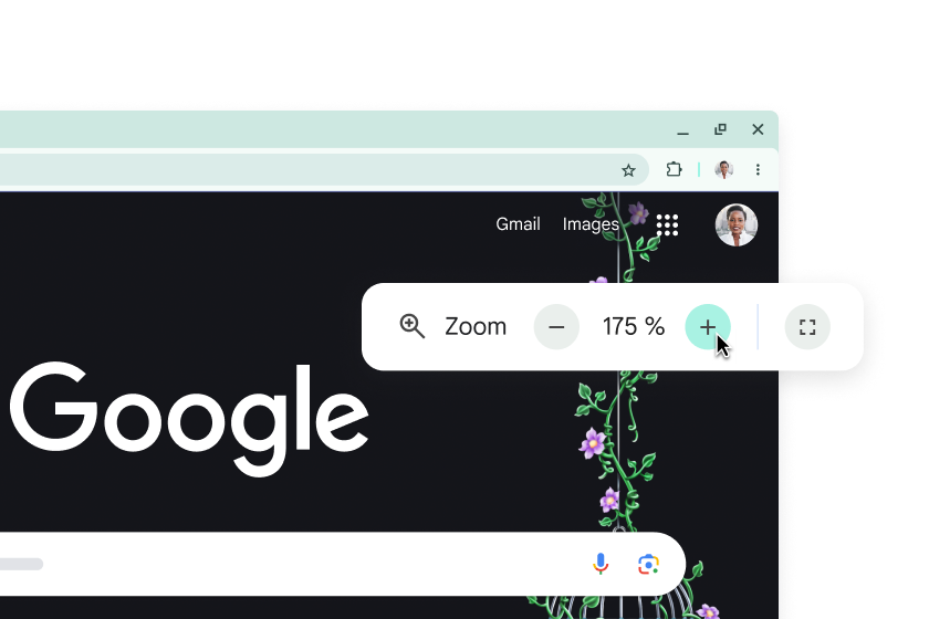 La page d'accueil Google avec des éléments agrandis et un pop-up avec le zoom défini sur 175 %.